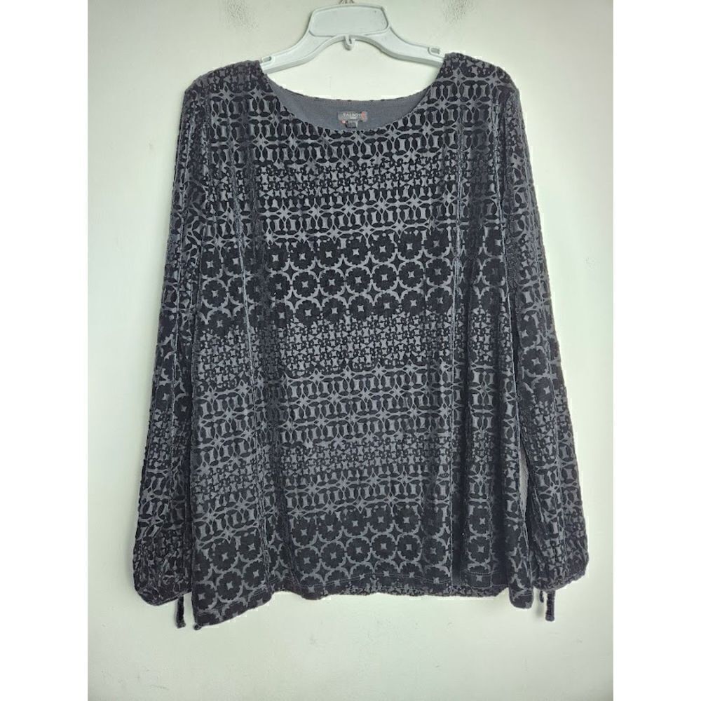 Talbots Women Black Geometric Print Velvet Squared Blouse size 2X